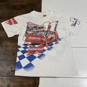 Vintage 90s Bill Elliott Budweiser NASCAR All Over Print T-Shirt Mens Large Rare
